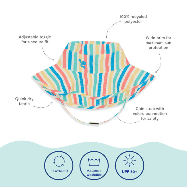UV Protective Sun Hat Multi Stripe, a sun hat with colourful stripes. Features include: adjustable toggle, wide brim & chin strap.